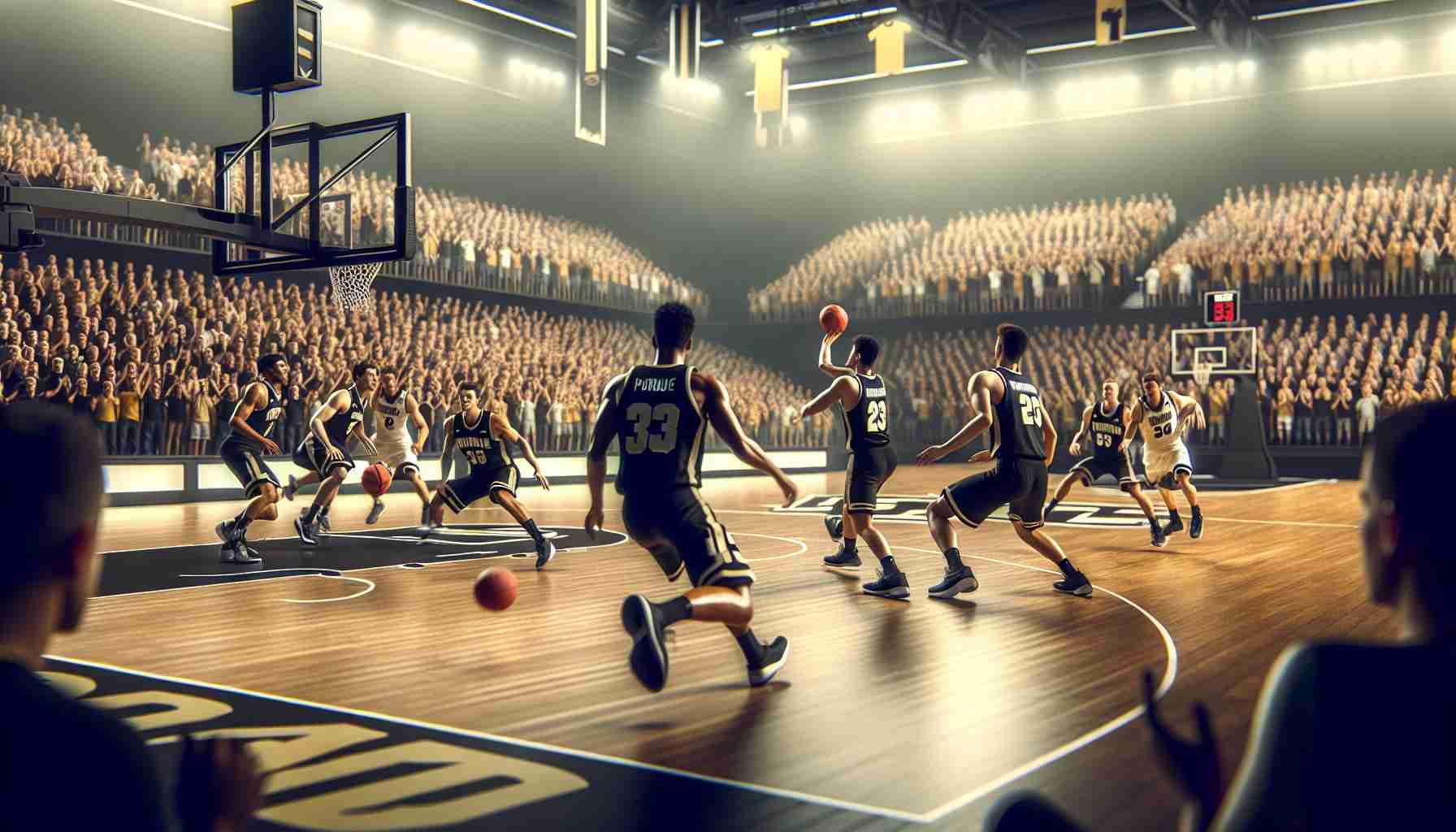 A realistic high-definition image of a pre-season exhibition basketball game. It's a challenging match between two collegiate teams. The audience filled up the stadium, cheering and waving banners. In the middle of the play, one team identifiable by their black and gold uniforms symbolizing Purdue, seems to be facing a tough time. Players sweat, dribble, and leap in a demonstration of skill, tension, and strategy. The opponents are equally enthusiastic, showcasing their skills in their vibrant uniforms. The atmosphere is electric.