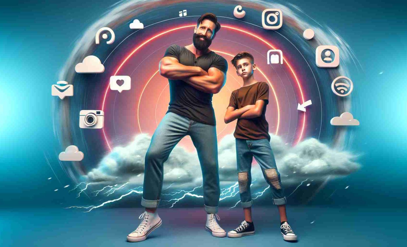 Realistic high-definition image of a father and son duo who have become popular on a social media platform for short videos. The father is a tall and large man, often referred to as 'Big Justice', sporting a beard and wearing casual clothes. His son, referred to as 'A.J.', is a teenager with short hair and trendy attire. They are often seen performing coordinated dance moves or acting out funny skits. This image highlights their rise to social media fame, with a vibrant background depicting a storm, symbolizing the 'storm' they've created online with their engaging content.