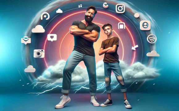 Realistic high-definition image of a father and son duo who have become popular on a social media platform for short videos. The father is a tall and large man, often referred to as 'Big Justice', sporting a beard and wearing casual clothes. His son, referred to as 'A.J.', is a teenager with short hair and trendy attire. They are often seen performing coordinated dance moves or acting out funny skits. This image highlights their rise to social media fame, with a vibrant background depicting a storm, symbolizing the 'storm' they've created online with their engaging content.