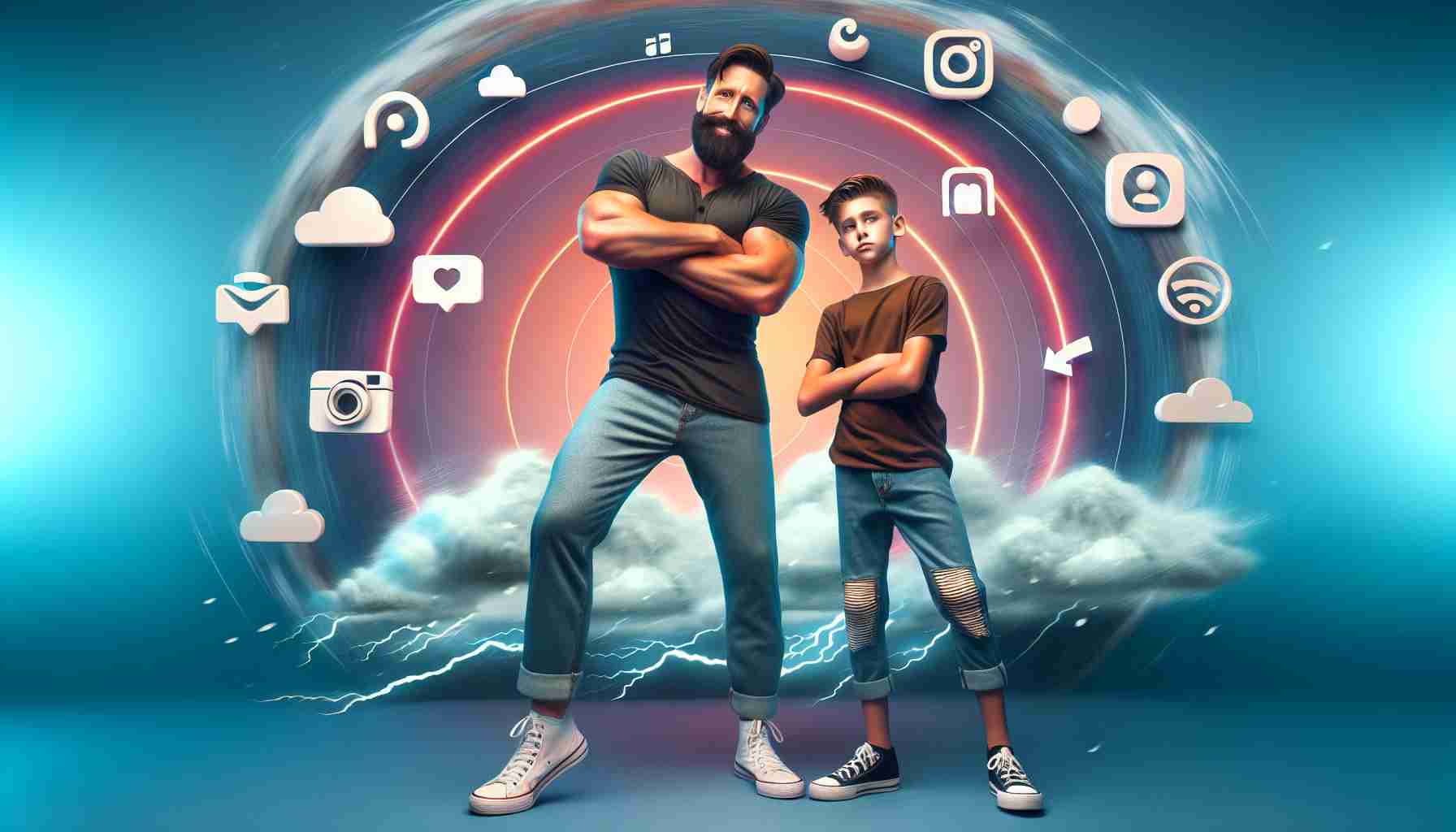 Realistic high-definition image of a father and son duo who have become popular on a social media platform for short videos. The father is a tall and large man, often referred to as 'Big Justice', sporting a beard and wearing casual clothes. His son, referred to as 'A.J.', is a teenager with short hair and trendy attire. They are often seen performing coordinated dance moves or acting out funny skits. This image highlights their rise to social media fame, with a vibrant background depicting a storm, symbolizing the 'storm' they've created online with their engaging content.