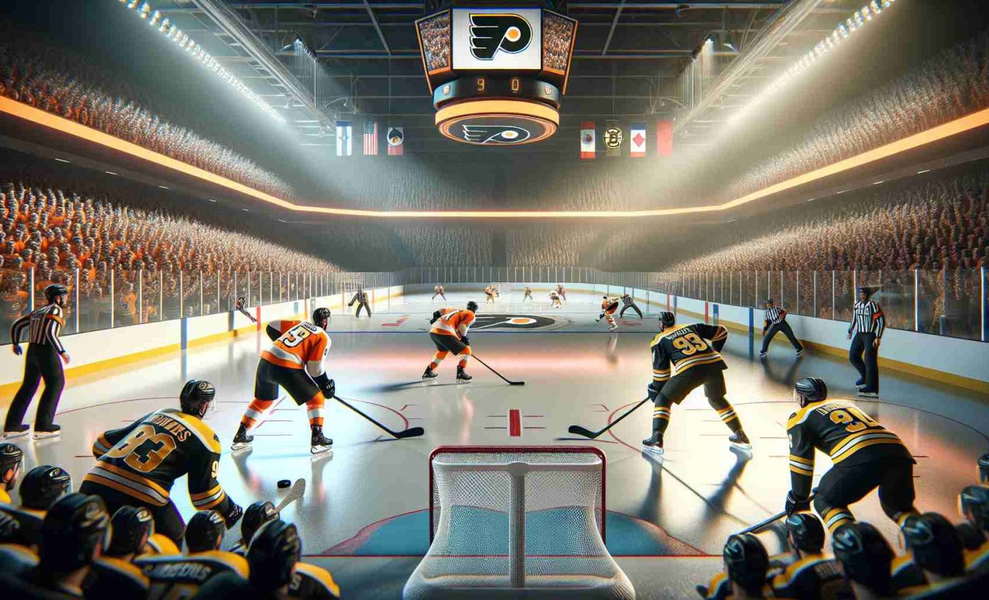 Realistic high-definition image of hockey game atmosphere. The scene should depict two professional hockey teams, one team in orange and black colors (representing the Philadelphia Flyers), the other in black and gold (representing the Boston Bruins), gearing up for a potentially decisive game. Please show detail of the rink, players in action, the puck, and the excited crowd in the background.