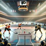 Realistic high-definition image of hockey game atmosphere. The scene should depict two professional hockey teams, one team in orange and black colors (representing the Philadelphia Flyers), the other in black and gold (representing the Boston Bruins), gearing up for a potentially decisive game. Please show detail of the rink, players in action, the puck, and the excited crowd in the background.