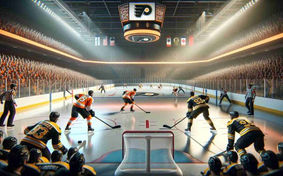 Realistic high-definition image of hockey game atmosphere. The scene should depict two professional hockey teams, one team in orange and black colors (representing the Philadelphia Flyers), the other in black and gold (representing the Boston Bruins), gearing up for a potentially decisive game. Please show detail of the rink, players in action, the puck, and the excited crowd in the background.