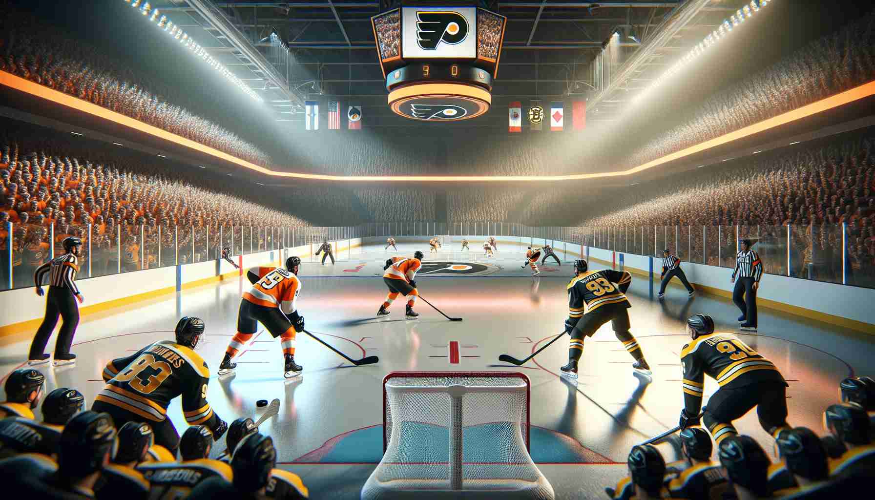 Realistic high-definition image of hockey game atmosphere. The scene should depict two professional hockey teams, one team in orange and black colors (representing the Philadelphia Flyers), the other in black and gold (representing the Boston Bruins), gearing up for a potentially decisive game. Please show detail of the rink, players in action, the puck, and the excited crowd in the background.