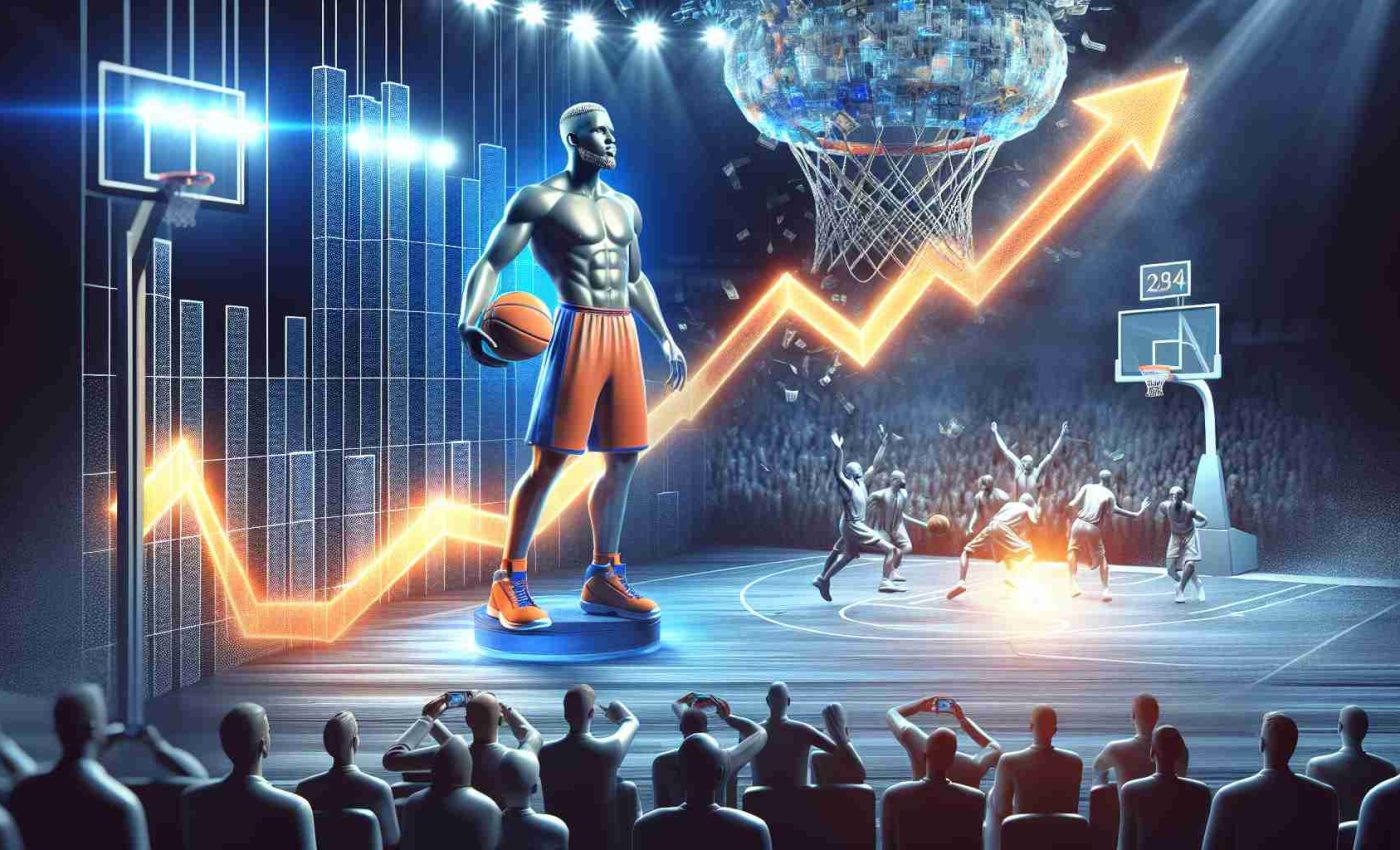 Generate a realistic HD image of a basketball player, representing a successful performance despite team's loss, under the glow of stadium lights. Surround the scene with the visual metaphor of increasing temperature to illustrate heated trade rumors.