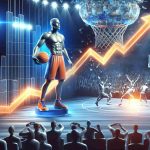 Generate a realistic HD image of a basketball player, representing a successful performance despite team's loss, under the glow of stadium lights. Surround the scene with the visual metaphor of increasing temperature to illustrate heated trade rumors.