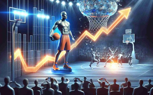 Generate a realistic HD image of a basketball player, representing a successful performance despite team's loss, under the glow of stadium lights. Surround the scene with the visual metaphor of increasing temperature to illustrate heated trade rumors.