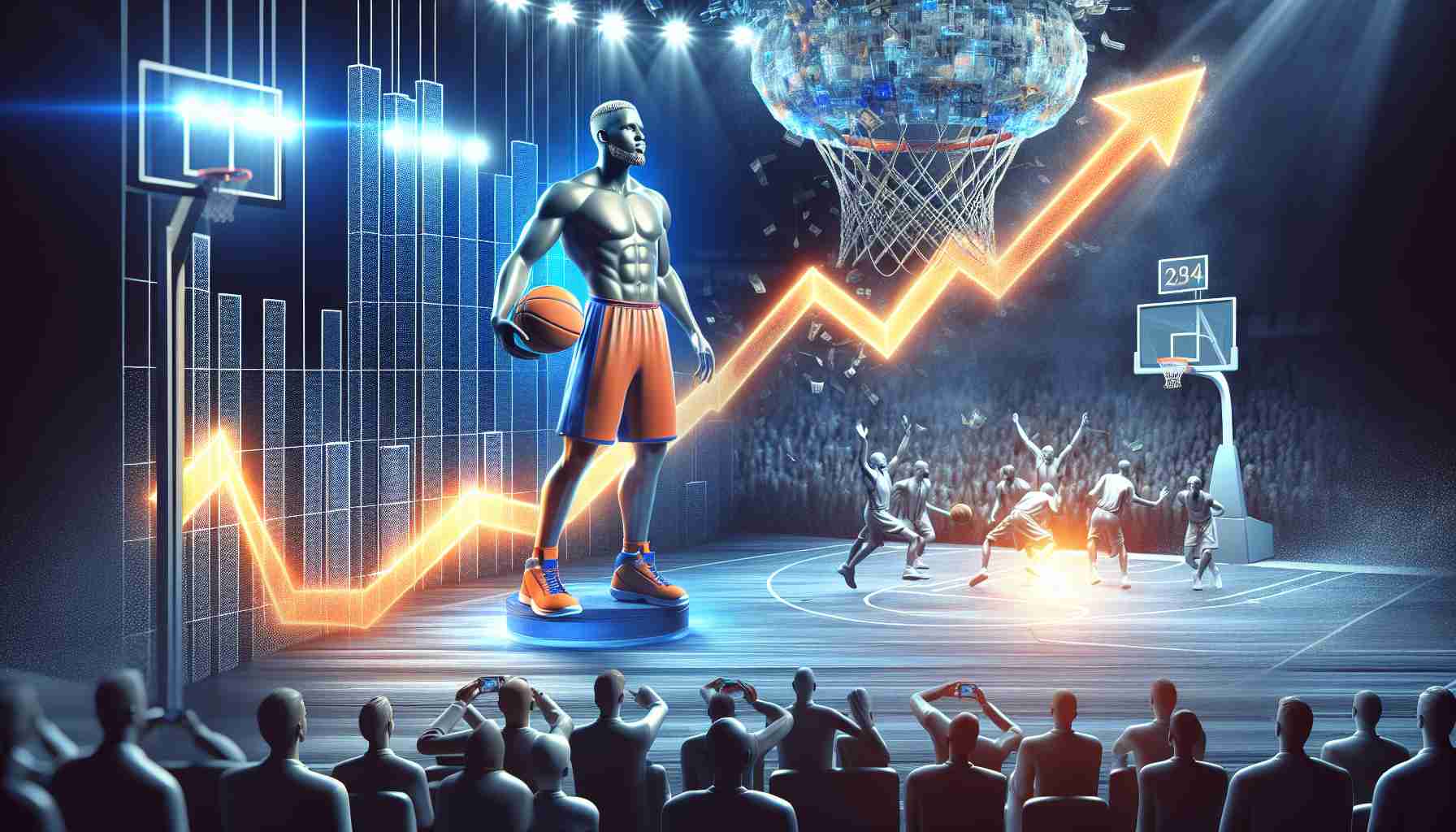 Generate a realistic HD image of a basketball player, representing a successful performance despite team's loss, under the glow of stadium lights. Surround the scene with the visual metaphor of increasing temperature to illustrate heated trade rumors.