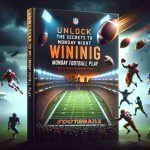 High definition, realistic image of a fictional guidebook, titled 'Unlock the Secrets to Winning Big Monday Night Football Play'. The cover features vivid imagery related to American football, including a stadium lit up under moody evening skies, a soaring football mid-flight, and depictions of diverse football players in the midst of a dynamic play.