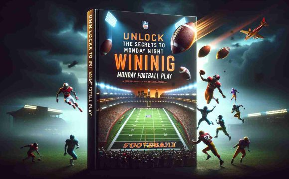 High definition, realistic image of a fictional guidebook, titled 'Unlock the Secrets to Winning Big Monday Night Football Play'. The cover features vivid imagery related to American football, including a stadium lit up under moody evening skies, a soaring football mid-flight, and depictions of diverse football players in the midst of a dynamic play.