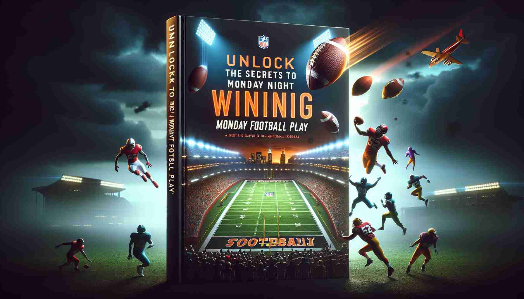 High definition, realistic image of a fictional guidebook, titled 'Unlock the Secrets to Winning Big Monday Night Football Play'. The cover features vivid imagery related to American football, including a stadium lit up under moody evening skies, a soaring football mid-flight, and depictions of diverse football players in the midst of a dynamic play.