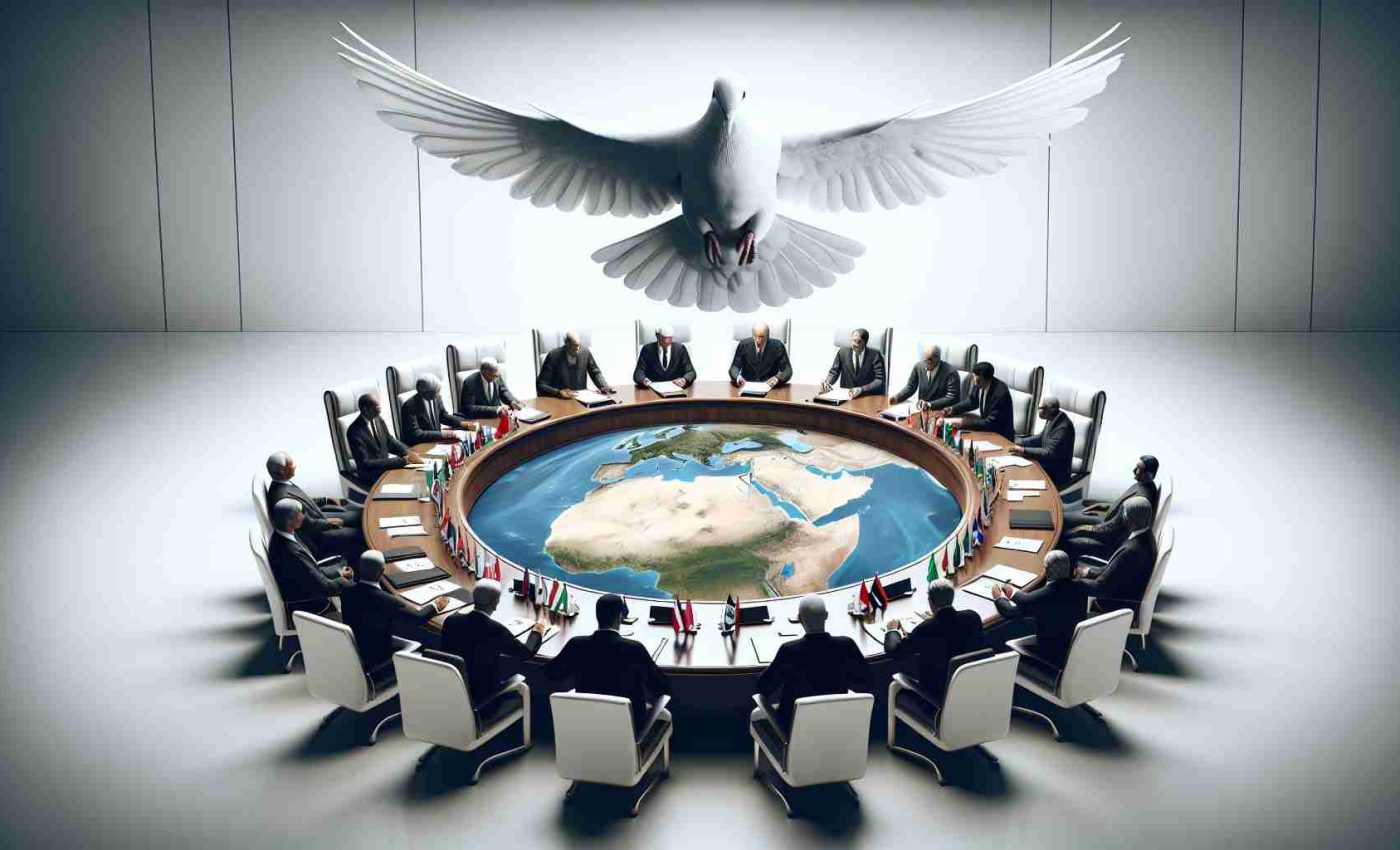 A high-resolution, realistic image portraying a significant development in conflict resolution talks related to a region in the Middle East, symbolically represented through a meeting room with various diplomats and a peace dove flying over the rounded negotiation table.