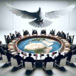 A high-resolution, realistic image portraying a significant development in conflict resolution talks related to a region in the Middle East, symbolically represented through a meeting room with various diplomats and a peace dove flying over the rounded negotiation table.