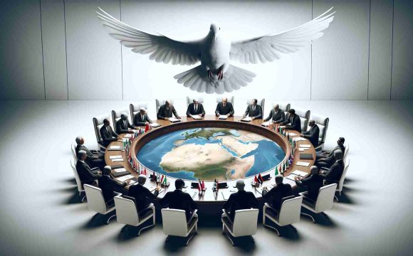 A high-resolution, realistic image portraying a significant development in conflict resolution talks related to a region in the Middle East, symbolically represented through a meeting room with various diplomats and a peace dove flying over the rounded negotiation table.