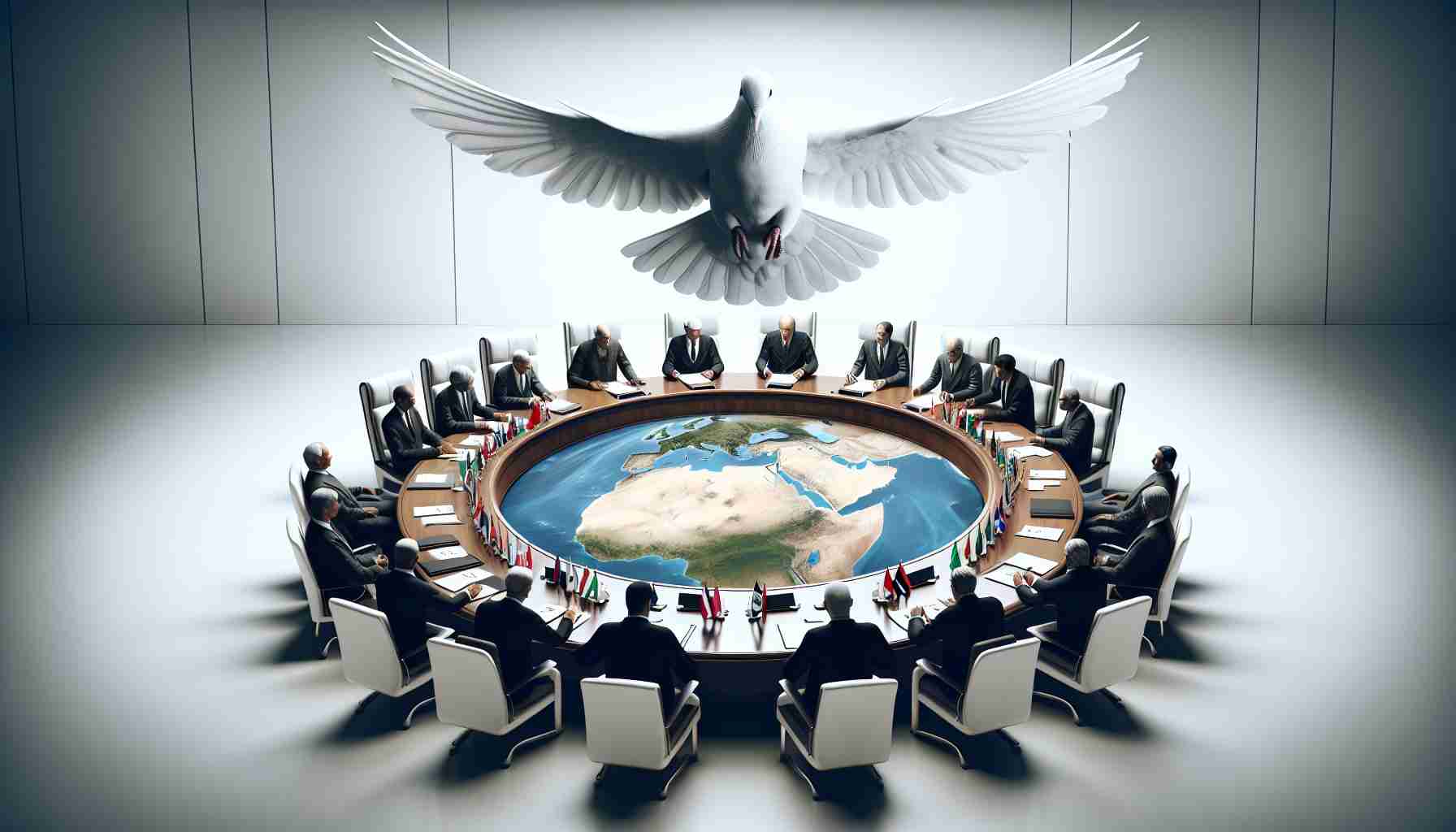 A high-resolution, realistic image portraying a significant development in conflict resolution talks related to a region in the Middle East, symbolically represented through a meeting room with various diplomats and a peace dove flying over the rounded negotiation table.