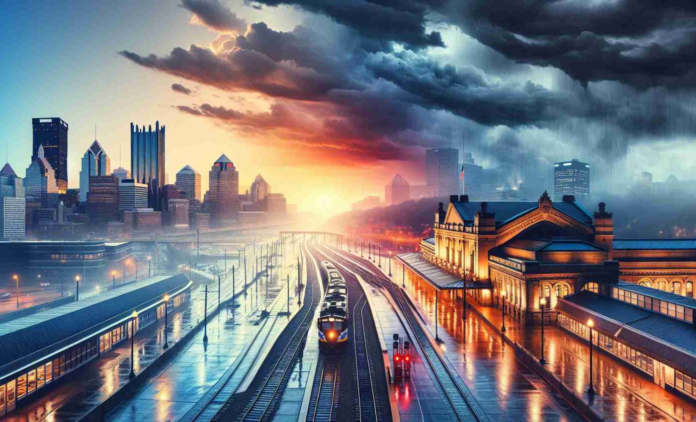 A high definition, realistic image portraying the transitioning weather patterns in Pittsburgh. It includes shifting cloud cover over Pittsburgh's railway station, with sun rays peeping through the clouds hinting at the end of a rainy day. In the background, the city's skyline is outlined with buildings glowing in the setting sun. The foreground has glistening wet streets reflecting the twilight hues. Also, the overlay of warm and cool colors in the sky shows an atmospheric transformation from stormy to clear weather.