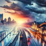 A high definition, realistic image portraying the transitioning weather patterns in Pittsburgh. It includes shifting cloud cover over Pittsburgh's railway station, with sun rays peeping through the clouds hinting at the end of a rainy day. In the background, the city's skyline is outlined with buildings glowing in the setting sun. The foreground has glistening wet streets reflecting the twilight hues. Also, the overlay of warm and cool colors in the sky shows an atmospheric transformation from stormy to clear weather.