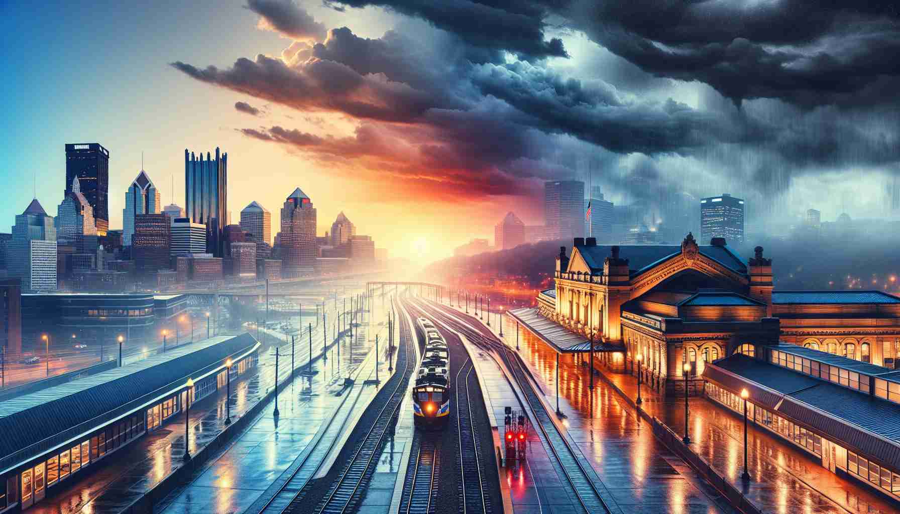 A high definition, realistic image portraying the transitioning weather patterns in Pittsburgh. It includes shifting cloud cover over Pittsburgh's railway station, with sun rays peeping through the clouds hinting at the end of a rainy day. In the background, the city's skyline is outlined with buildings glowing in the setting sun. The foreground has glistening wet streets reflecting the twilight hues. Also, the overlay of warm and cool colors in the sky shows an atmospheric transformation from stormy to clear weather.