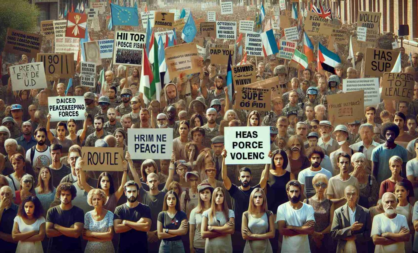 High-definition image manifesting international disapproval and protest against an offensive on peacekeeping forces stationed in the Middle East. Captured in this scene should be numerous people of diverse races and genders, assembling together in peaceful demonstration. Their faces are a medley of determination and concern, bearing signs and placards that plead for peace and condemn violence. In the background, digital and printed news headlines from various countries highlight the global attention and solidarity this issue has sparked.