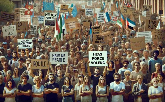 High-definition image manifesting international disapproval and protest against an offensive on peacekeeping forces stationed in the Middle East. Captured in this scene should be numerous people of diverse races and genders, assembling together in peaceful demonstration. Their faces are a medley of determination and concern, bearing signs and placards that plead for peace and condemn violence. In the background, digital and printed news headlines from various countries highlight the global attention and solidarity this issue has sparked.