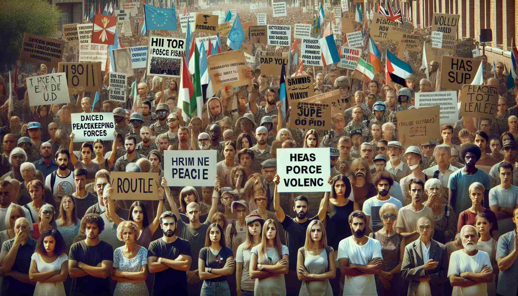 High-definition image manifesting international disapproval and protest against an offensive on peacekeeping forces stationed in the Middle East. Captured in this scene should be numerous people of diverse races and genders, assembling together in peaceful demonstration. Their faces are a medley of determination and concern, bearing signs and placards that plead for peace and condemn violence. In the background, digital and printed news headlines from various countries highlight the global attention and solidarity this issue has sparked.