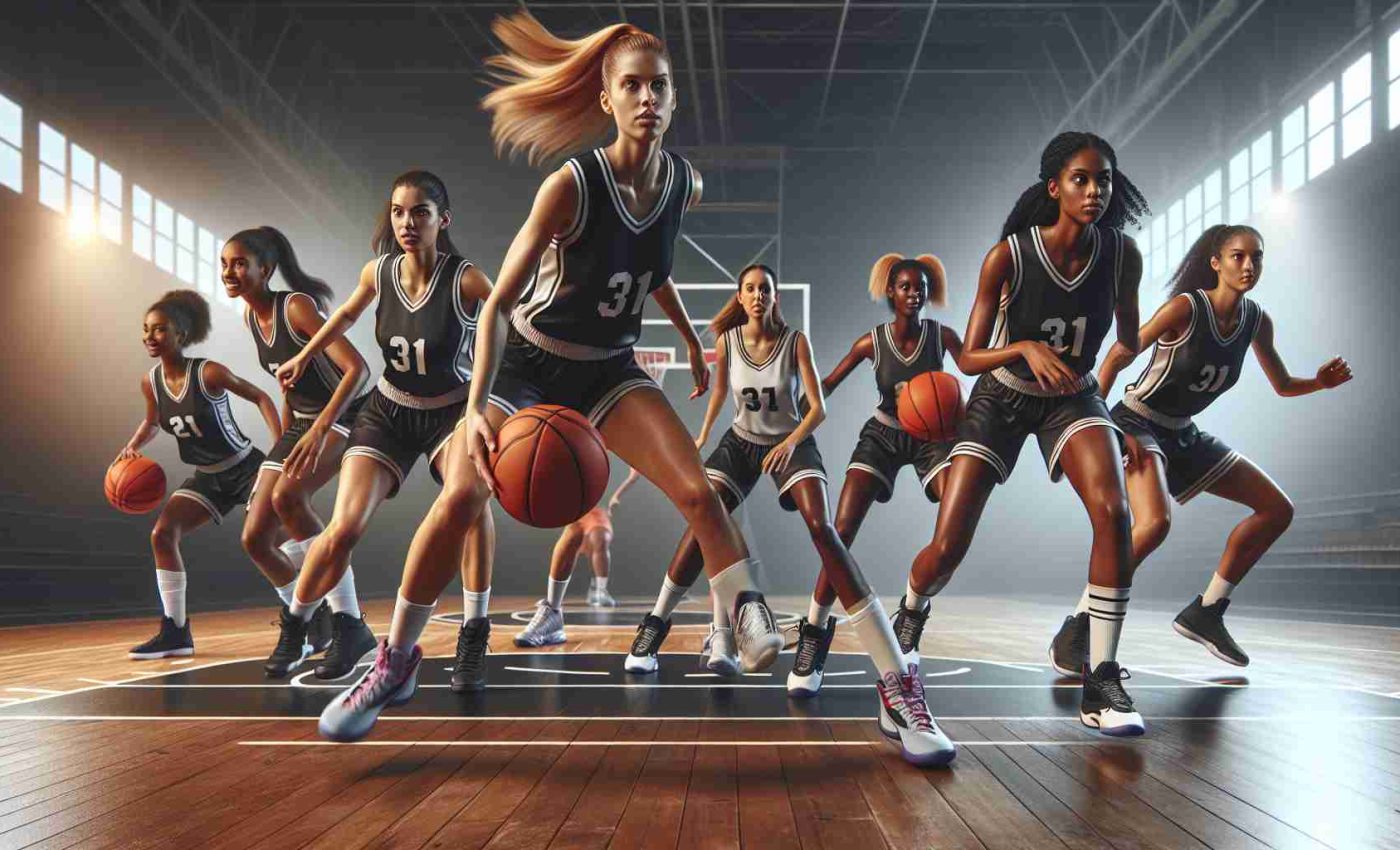 A high-definition, realistic scene showcasing the beginning of an exciting basketball season opener. On the court, a cadre of female basketball players making up a diverse team involving Caucasian, Hispanic, Black, Middle-Eastern, and South Asian players. They are energetically warming up, dribbling, executing layups and free throws, with palpable excitement and determination in their eyes for the upcoming season ahead.