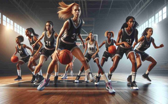 A high-definition, realistic scene showcasing the beginning of an exciting basketball season opener. On the court, a cadre of female basketball players making up a diverse team involving Caucasian, Hispanic, Black, Middle-Eastern, and South Asian players. They are energetically warming up, dribbling, executing layups and free throws, with palpable excitement and determination in their eyes for the upcoming season ahead.