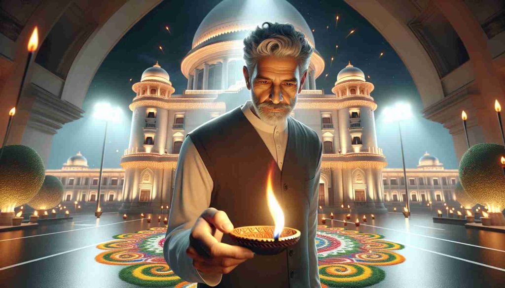 A high-definition, realistic image of a senior male politician with grey hair, lighting up an iconic white building with the vibrant festivities of Diwali. The building is adorned with traditional Indian lamps, with their orange-yellow flames reflecting off the white walls. The scene includes the man standing at the foreground, holding a traditional lamp, his face illuminated by its light. Swirling patterns of colorful Rangoli art can be seen on the floor, adding a warm, festive atmosphere.