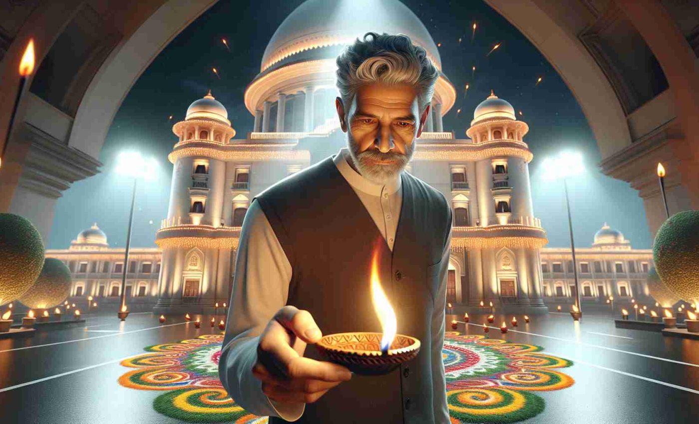 A high-definition, realistic image of a senior male politician with grey hair, lighting up an iconic white building with the vibrant festivities of Diwali. The building is adorned with traditional Indian lamps, with their orange-yellow flames reflecting off the white walls. The scene includes the man standing at the foreground, holding a traditional lamp, his face illuminated by its light. Swirling patterns of colorful Rangoli art can be seen on the floor, adding a warm, festive atmosphere.