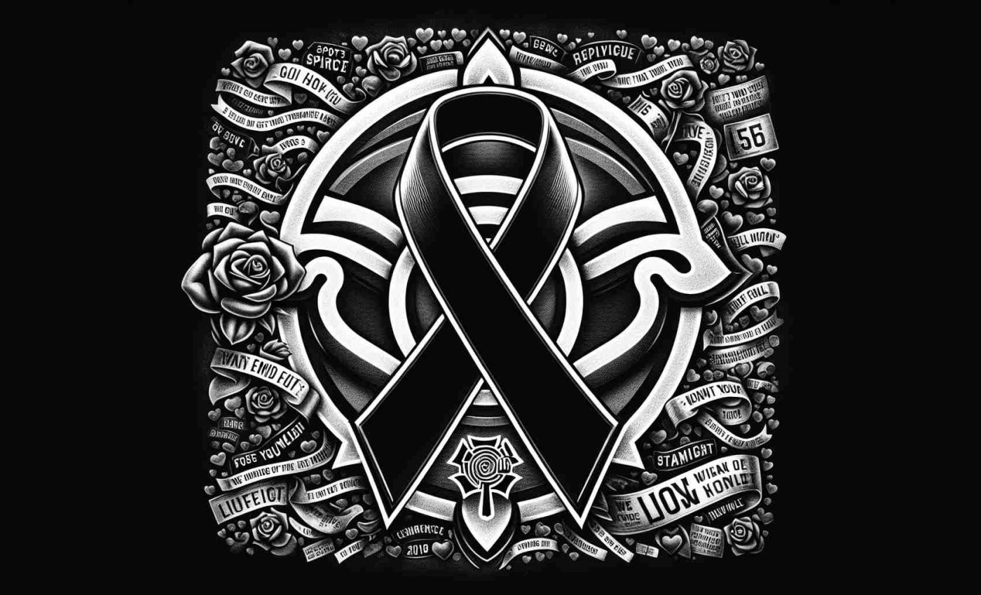 Generate a high definition image that reflects the solemn atmosphere of a sports community in mourning. Depict a symbolic representation, perhaps a team's logo or emblem draped with a black ribbon, and heartfelt messages of tribute and support scattered around.