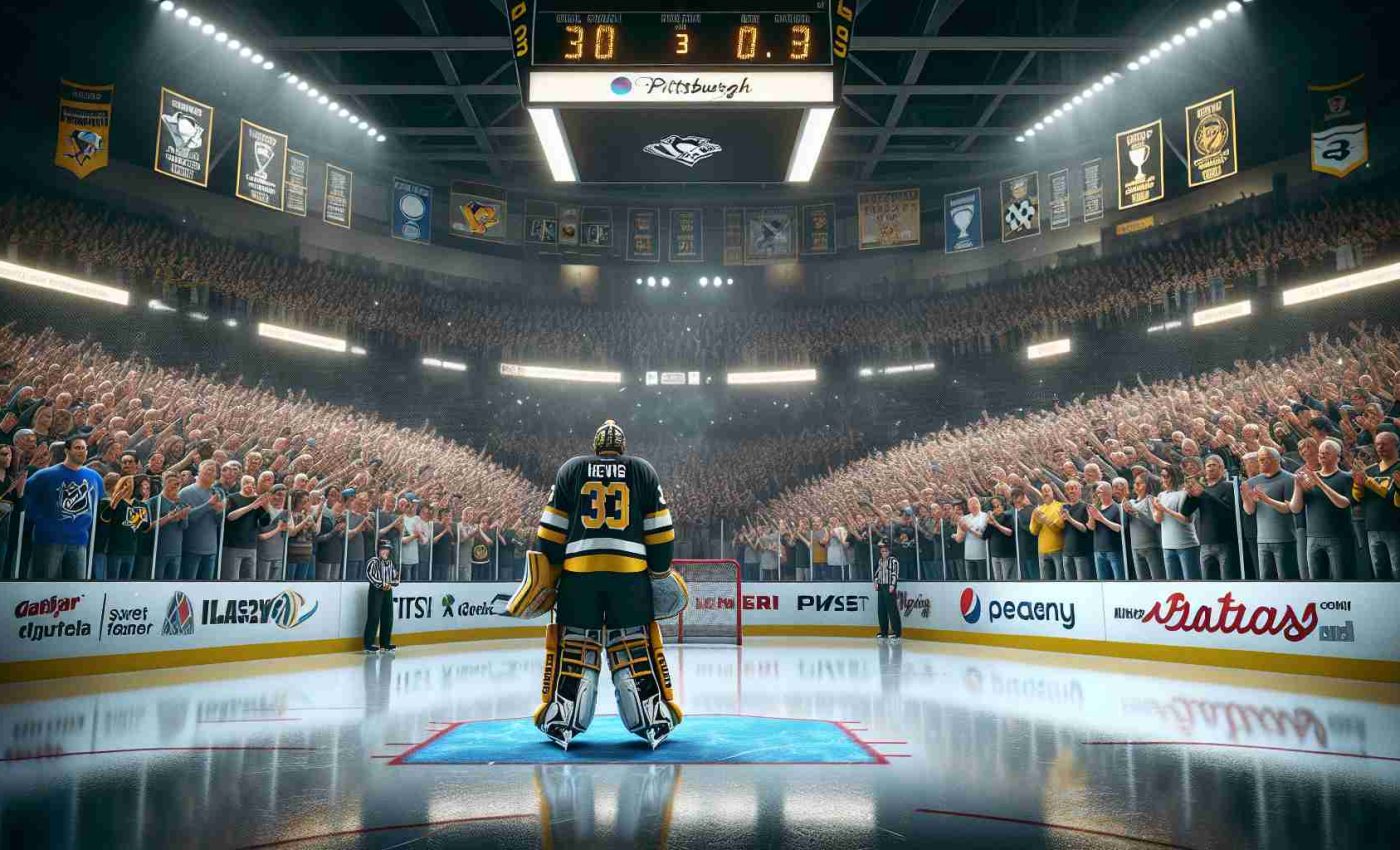 A high-definition, realistic image showing an emotional farewell to a renowned ice hockey goalkeeper. The scene is set in Pittsburgh during the final showdown. The goalkeeper, clad in black and yellow gear, standing on a glossy, freshly cleaned ice rink. Crowd in the stands, their faces filled with admiration and sadness, hold banners and wave memorabilia. The atmosphere is of respectful regret but also celebratory, a true testament to the goalkeeper's enduring career.