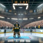 A high-definition, realistic image showing an emotional farewell to a renowned ice hockey goalkeeper. The scene is set in Pittsburgh during the final showdown. The goalkeeper, clad in black and yellow gear, standing on a glossy, freshly cleaned ice rink. Crowd in the stands, their faces filled with admiration and sadness, hold banners and wave memorabilia. The atmosphere is of respectful regret but also celebratory, a true testament to the goalkeeper's enduring career.