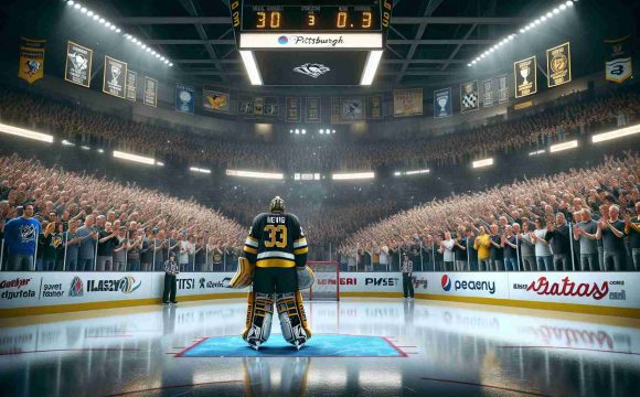 A high-definition, realistic image showing an emotional farewell to a renowned ice hockey goalkeeper. The scene is set in Pittsburgh during the final showdown. The goalkeeper, clad in black and yellow gear, standing on a glossy, freshly cleaned ice rink. Crowd in the stands, their faces filled with admiration and sadness, hold banners and wave memorabilia. The atmosphere is of respectful regret but also celebratory, a true testament to the goalkeeper's enduring career.