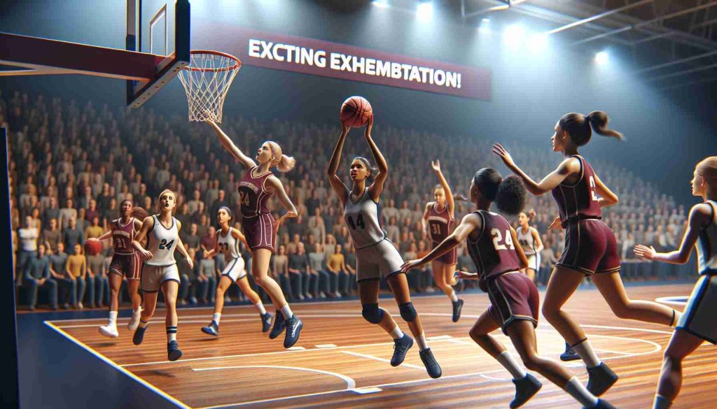 Realistic HD image of an intense basketball match taking place. Emphasize the charged atmosphere with dedicated athletes, focusing on the women's basketball teams from the Midwestern United States. Include various scenes such as players making a strategic pass, attempting a daring dunk, or blocking an opponent's shot. Incorporate crowd in the background, with supportive banners reading 'Exciting Exhibition!'.