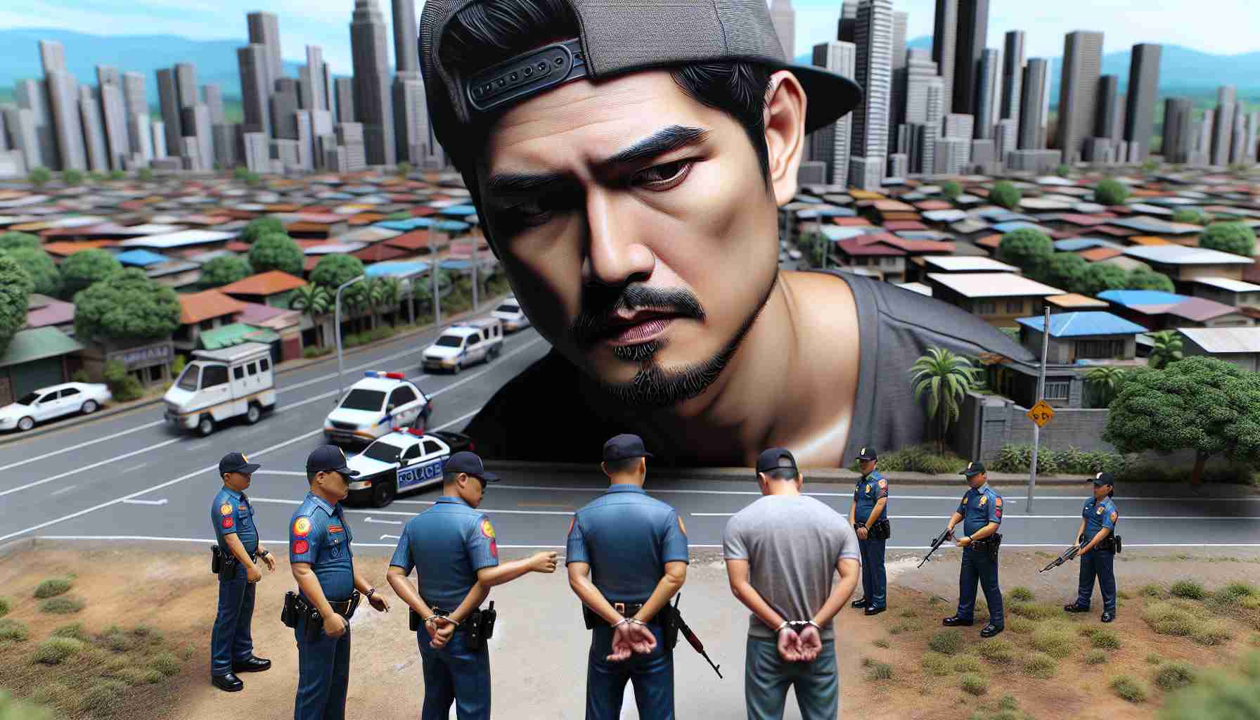 Realistic HD image of an unidentified former actor who has been arrested after an unfortunate incident leading to the accidental shooting of his friend in a city setting resembling Pasig City. The scene includes intricate details of the actor's expressions suggesting regret and remorse, police personnel conducting the arrest procedure, and a suggestive cityscape in the background.