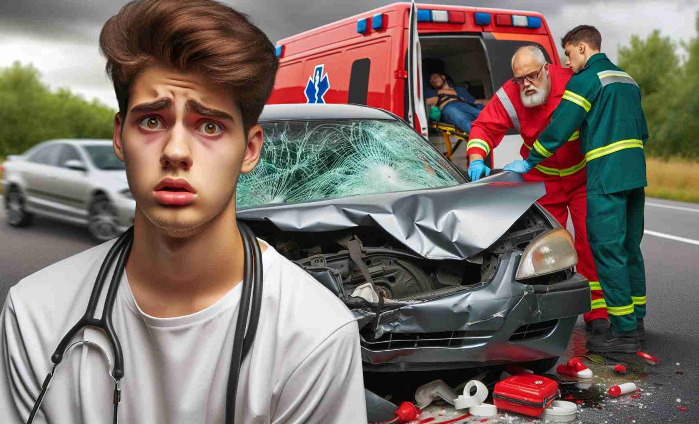 A realistic high-definition image of a teenage driver looking shocked and remorseful in front of a severely damaged car. Nearby, paramedics tend to an injured man of Middle-Eastern descent, illustrating the aftermath of a serious automobile collision.