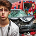 A realistic high-definition image of a teenage driver looking shocked and remorseful in front of a severely damaged car. Nearby, paramedics tend to an injured man of Middle-Eastern descent, illustrating the aftermath of a serious automobile collision.