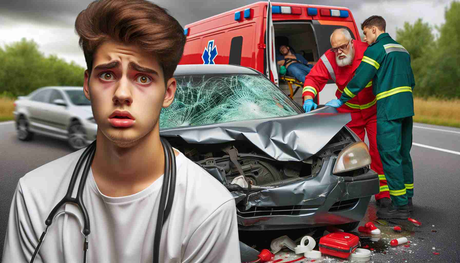 A realistic high-definition image of a teenage driver looking shocked and remorseful in front of a severely damaged car. Nearby, paramedics tend to an injured man of Middle-Eastern descent, illustrating the aftermath of a serious automobile collision.