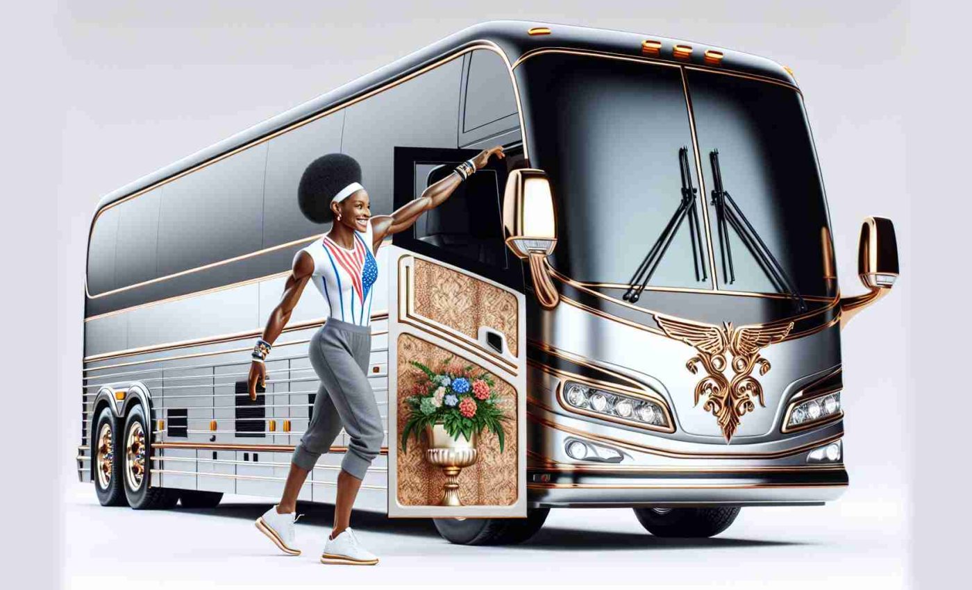 High-resolution, realistic image of a professional female gymnast unveiling her opulent tour bus for an upcoming gymnastics event. The gymnast is African-American, athletic, petite, and dressed in casual athletic wear. The luxurious bus should illustrate a high degree of comfort and deluxe amenities suitable for a long odyssey.