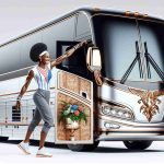 High-resolution, realistic image of a professional female gymnast unveiling her opulent tour bus for an upcoming gymnastics event. The gymnast is African-American, athletic, petite, and dressed in casual athletic wear. The luxurious bus should illustrate a high degree of comfort and deluxe amenities suitable for a long odyssey.