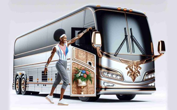 High-resolution, realistic image of a professional female gymnast unveiling her opulent tour bus for an upcoming gymnastics event. The gymnast is African-American, athletic, petite, and dressed in casual athletic wear. The luxurious bus should illustrate a high degree of comfort and deluxe amenities suitable for a long odyssey.