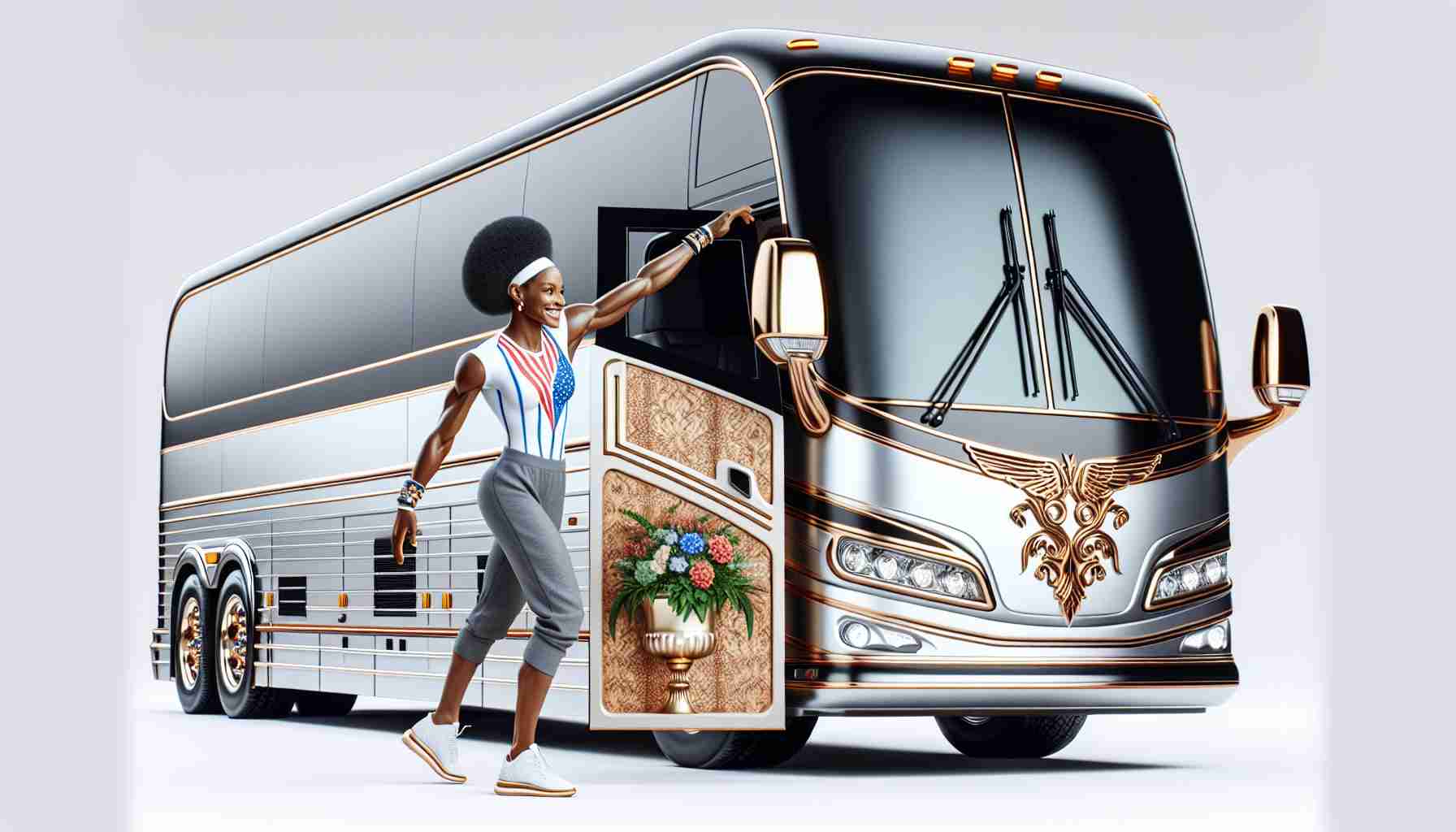 High-resolution, realistic image of a professional female gymnast unveiling her opulent tour bus for an upcoming gymnastics event. The gymnast is African-American, athletic, petite, and dressed in casual athletic wear. The luxurious bus should illustrate a high degree of comfort and deluxe amenities suitable for a long odyssey.