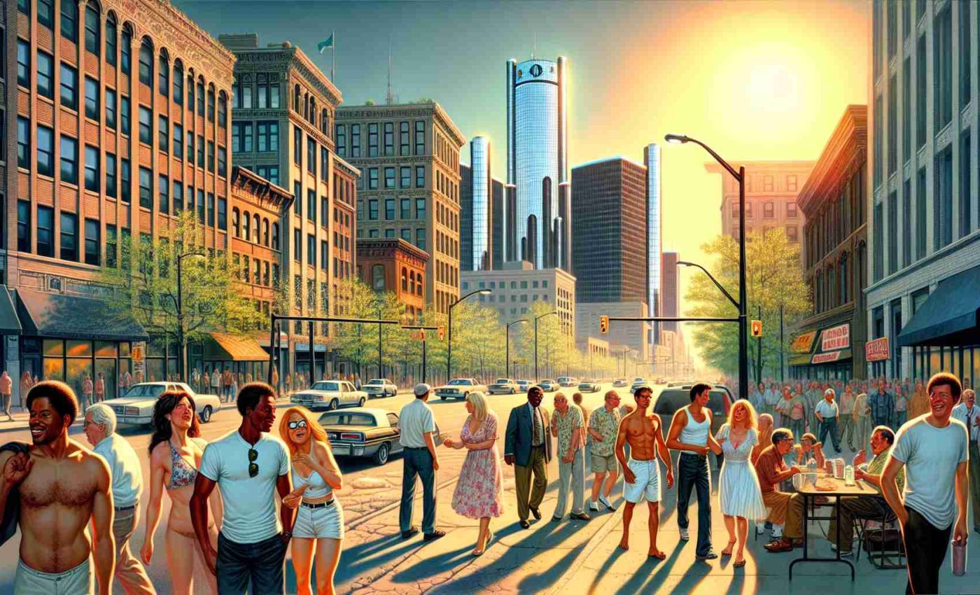 An unexpected surge of unseasonable warmth has taken Metro Detroit by surprise. Create an image that captures this event - illustrate a high-definition realistic picture of a typical urban scene in Detroit where people are deeply surprised by the unusual warmth. Diversity permeates the scene with men and women of Caucasian, Hispanic, Black, Middle-Eastern, and South Asian descent, all in light summer clothes despite the season. Streets seethe with activity as all try to make the most of the rare weather phenomenon. High-rise buildings reach for the clear, sun-drenched sky with trees starting to bud prematurely, adding a dash of natural oddity to the scene.