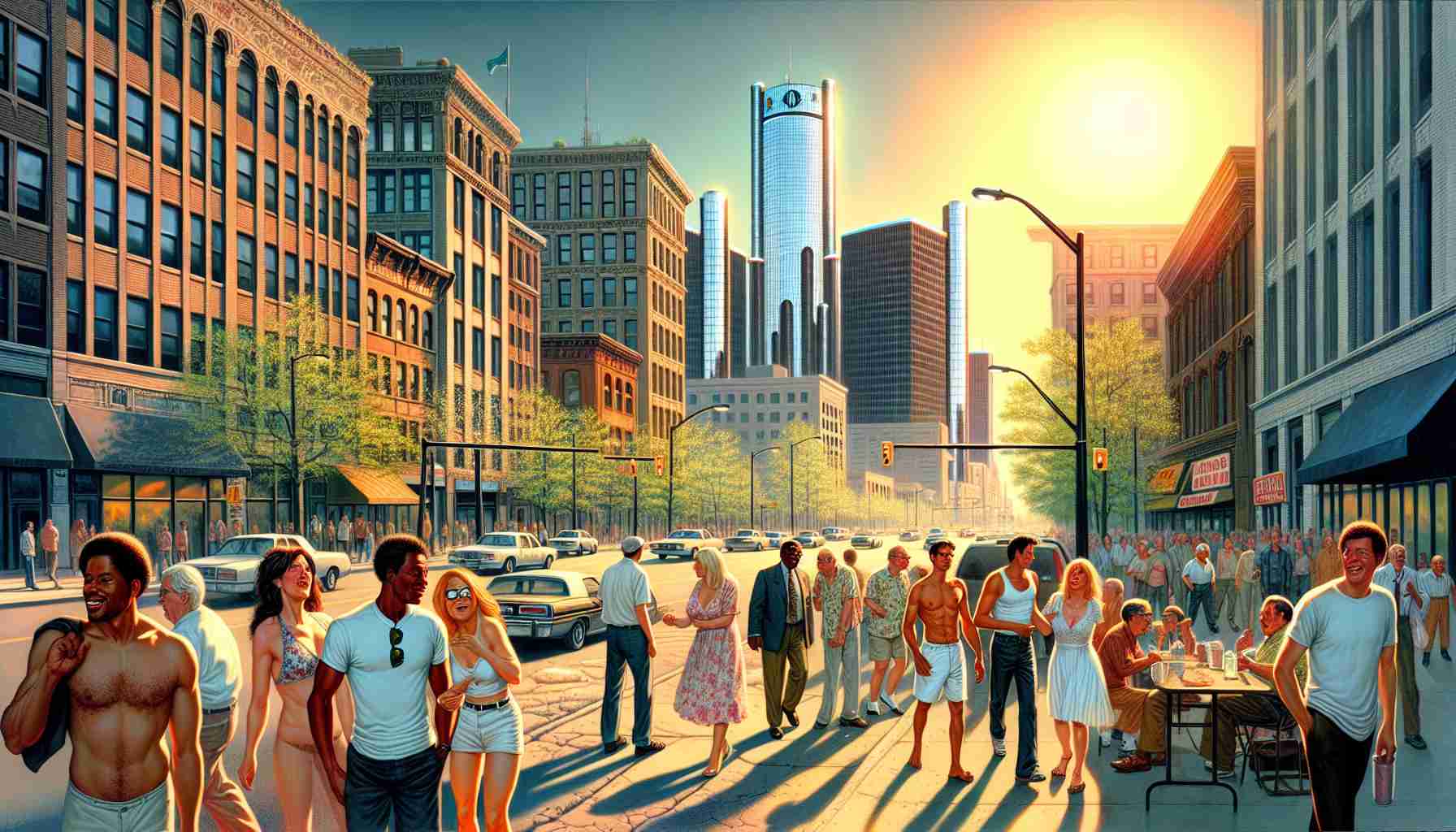 An unexpected surge of unseasonable warmth has taken Metro Detroit by surprise. Create an image that captures this event - illustrate a high-definition realistic picture of a typical urban scene in Detroit where people are deeply surprised by the unusual warmth. Diversity permeates the scene with men and women of Caucasian, Hispanic, Black, Middle-Eastern, and South Asian descent, all in light summer clothes despite the season. Streets seethe with activity as all try to make the most of the rare weather phenomenon. High-rise buildings reach for the clear, sun-drenched sky with trees starting to bud prematurely, adding a dash of natural oddity to the scene.