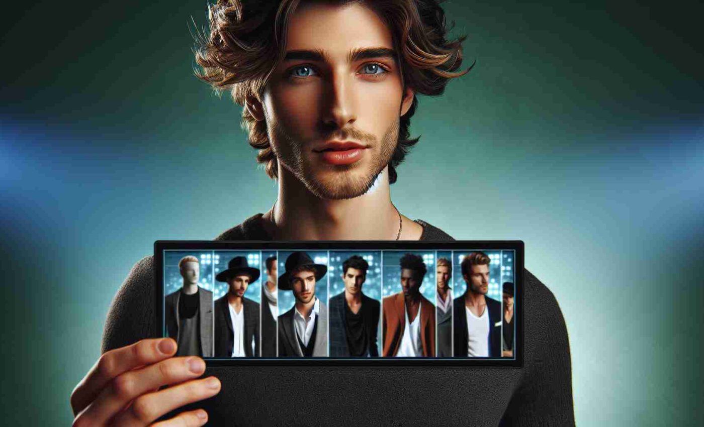 High definition, realistic image of a young male singer, exhibiting notable style choices. The singer has a physical build similar to popular musicians, with wavy brown hair and bright eyes. He's revealing a video screen that shows images of fashionable individuals, who are clearly style icons but their identities remain anonymous. The background has a touch of a surprise element to it.