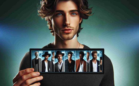 High definition, realistic image of a young male singer, exhibiting notable style choices. The singer has a physical build similar to popular musicians, with wavy brown hair and bright eyes. He's revealing a video screen that shows images of fashionable individuals, who are clearly style icons but their identities remain anonymous. The background has a touch of a surprise element to it.