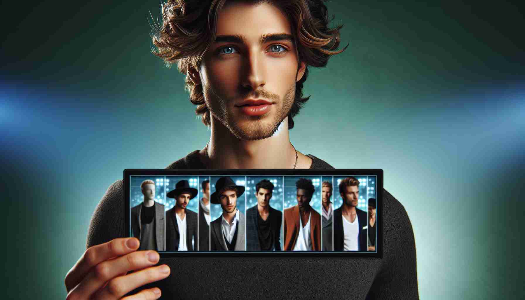 High definition, realistic image of a young male singer, exhibiting notable style choices. The singer has a physical build similar to popular musicians, with wavy brown hair and bright eyes. He's revealing a video screen that shows images of fashionable individuals, who are clearly style icons but their identities remain anonymous. The background has a touch of a surprise element to it.