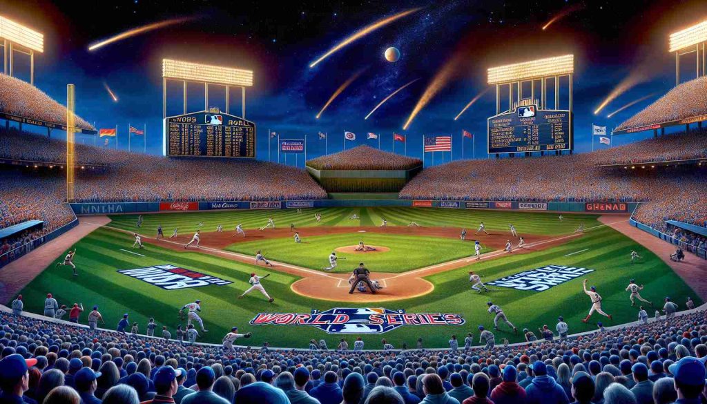 An HD, hyper-realistic image capturing some of the most extended World Series games in Major League Baseball history. The image should depict different stadiums, filled to the brim with passionate fans, players in the midst of heated action on the field, and iconic moments that showcase the excitement, tension, and suspense of these renowned, marathon-like sporting events. Names of teams and year of the games should be included as part of the venues' electronic scoreboards. A clear, vibrant night sky dotted with stars overhead sets the scene for these extraordinary, unforgettable moments in sport.