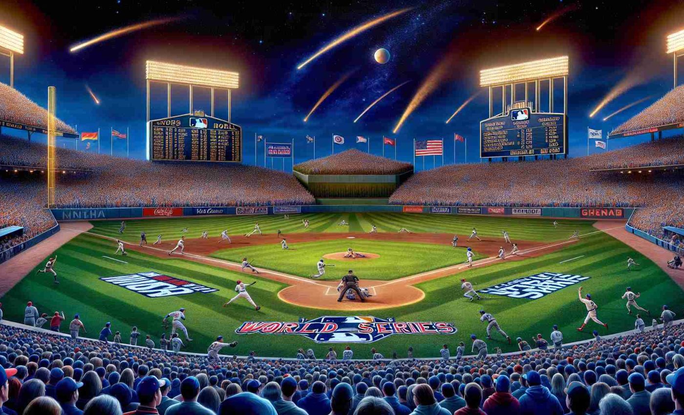 An HD, hyper-realistic image capturing some of the most extended World Series games in Major League Baseball history. The image should depict different stadiums, filled to the brim with passionate fans, players in the midst of heated action on the field, and iconic moments that showcase the excitement, tension, and suspense of these renowned, marathon-like sporting events. Names of teams and year of the games should be included as part of the venues' electronic scoreboards. A clear, vibrant night sky dotted with stars overhead sets the scene for these extraordinary, unforgettable moments in sport.