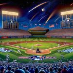 An HD, hyper-realistic image capturing some of the most extended World Series games in Major League Baseball history. The image should depict different stadiums, filled to the brim with passionate fans, players in the midst of heated action on the field, and iconic moments that showcase the excitement, tension, and suspense of these renowned, marathon-like sporting events. Names of teams and year of the games should be included as part of the venues' electronic scoreboards. A clear, vibrant night sky dotted with stars overhead sets the scene for these extraordinary, unforgettable moments in sport.